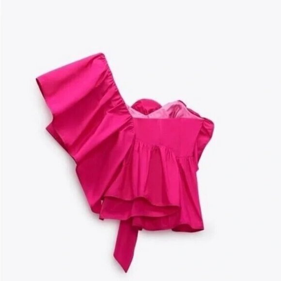 NWT Zara Fuchsia Rode Ruffled Asymetric Top | Size Small - Picture 3 of 7